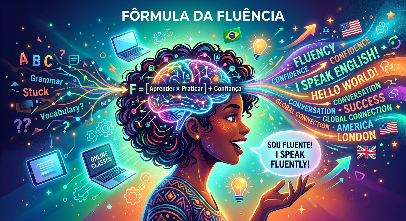 Ilustração conceitual do curso 'Fórmula da Fluência' de Caio R., com um cérebro ou mente processando o idioma e formando palavras fluentes, simbolizando aprendizado acelerado.