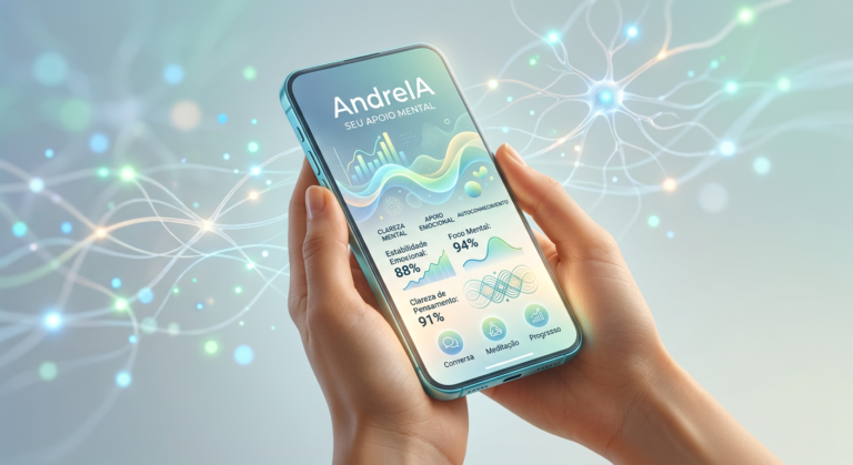 Smartphone com interface da IA 'AndreIA' exibindo representações visuais de clareza mental e autoconhecimento.