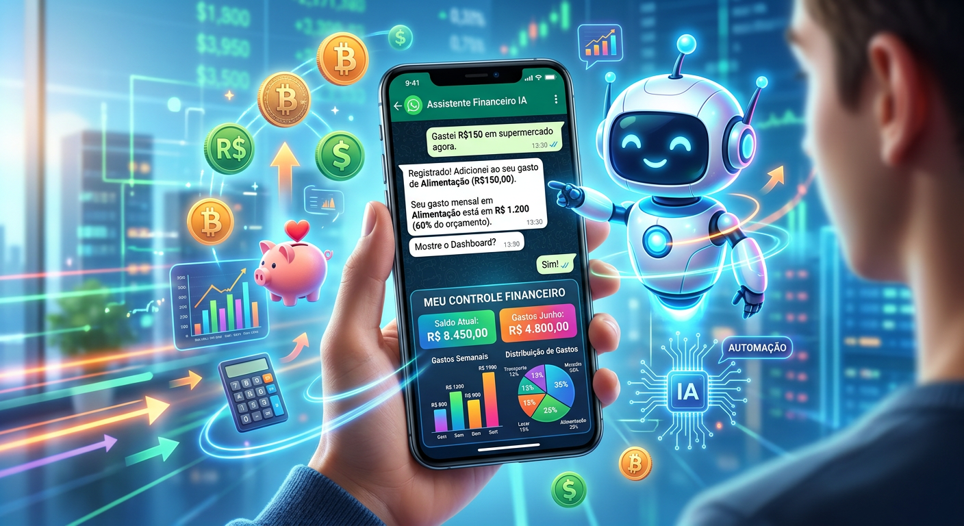 Ilustração do Gestor Money, um assistente financeiro inteligente que integra o controle de gastos via WhatsApp com um dashboard visual de finanças pessoais e gráficos.