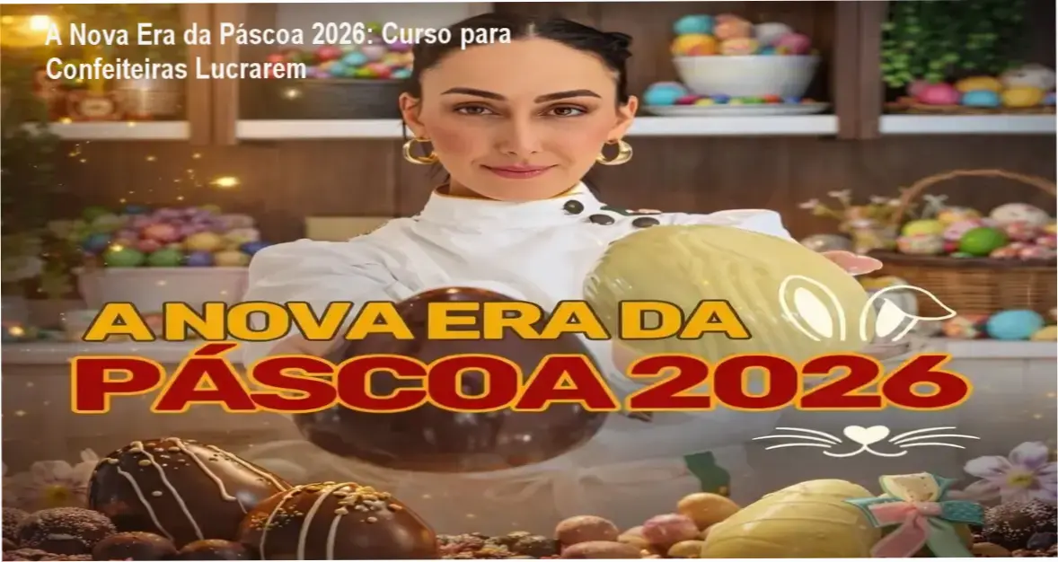 Capa do ebook A Nova Era da Páscoa 2026 mostrando ovos decorados e materiais de confeitaria