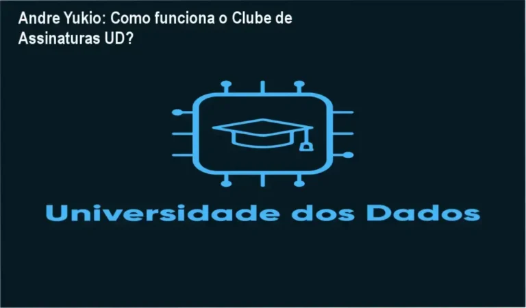Andre Yukio apresentando o Clube de Assinaturas da Universidade dos Dados em ambiente de estudos