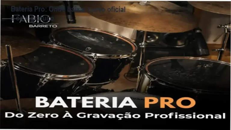 Capa do curso Bateria Pro mostrando setup de bateria em home studio com microfones