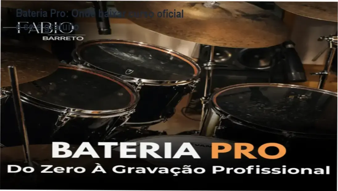 Capa do curso Bateria Pro mostrando setup de bateria em home studio com microfones
