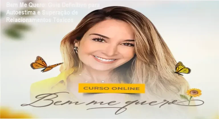 Capa do curso Bem Me Quero por Pamela Magalhães, com destaque para a autora e elementos emocionais como um coração aberto e um símbolo de autoempoderamento.