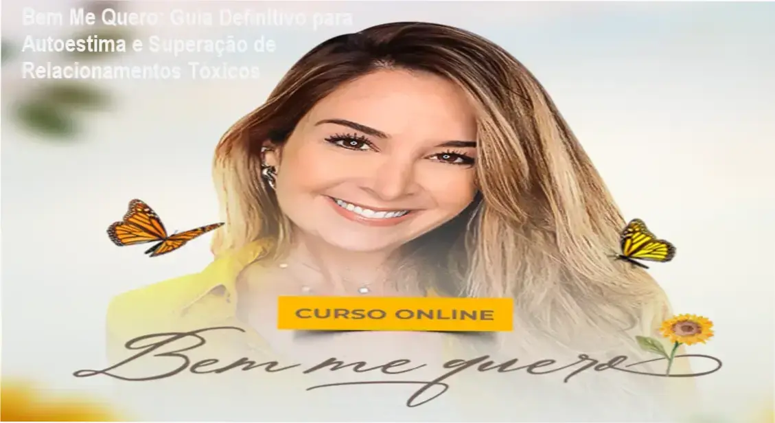 Capa do curso Bem Me Quero por Pamela Magalhães, com destaque para a autora e elementos emocionais como um coração aberto e um símbolo de autoempoderamento.