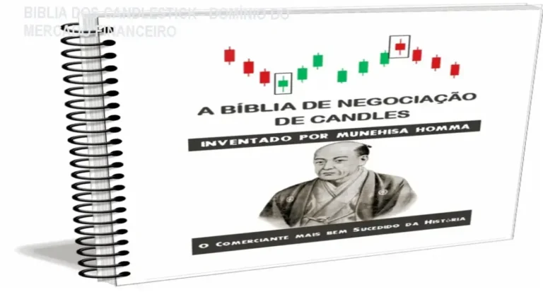 Livro 'Biblia dos Candlestick' com imagem de gráficos de velas no mercado financeiro