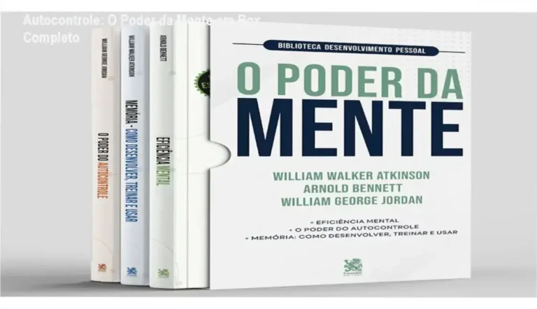 Capa do box com 3 livros de desenvolvimento pessoal: O Poder do Autocontrole, Eficiência Mental e Memória, com descrição em destaque da editora Camelot.