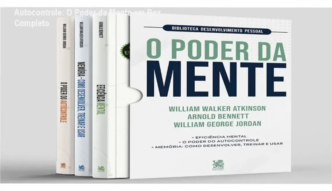 Capa do box com 3 livros de desenvolvimento pessoal: O Poder do Autocontrole, Eficiência Mental e Memória, com descrição em destaque da editora Camelot.