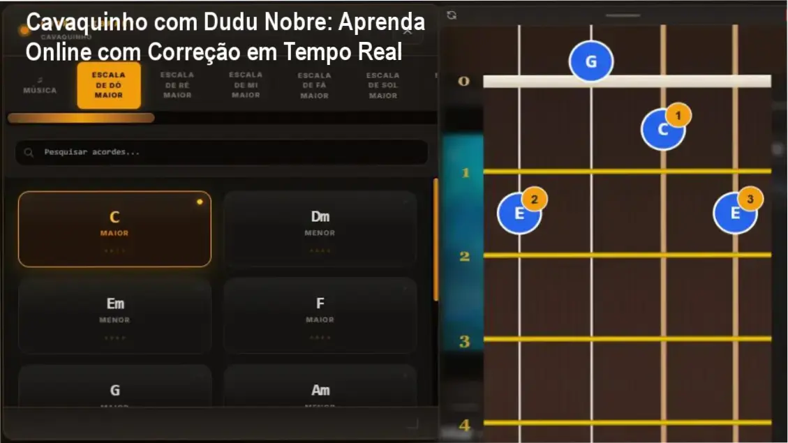 Cavaquinho sendo tocado com feedback digital na tela do celular