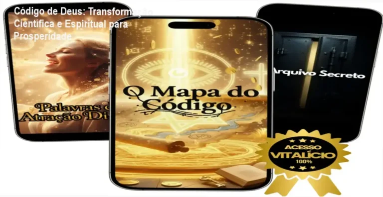 Apresentação moderna do curso 'O Código de Deus', destacando o conceito de reprogramação mental associada a prosperidade e equilíbrio emocional