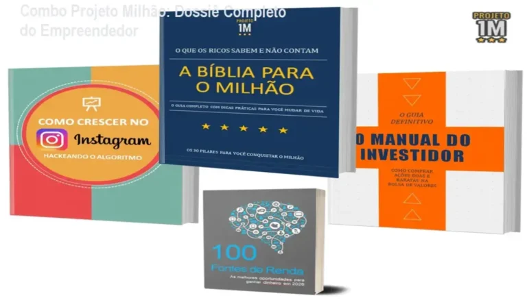 Mockup digital do Combo Projeto Milhão apresentando os e-books de investimentos, marketing digital e fontes de renda.