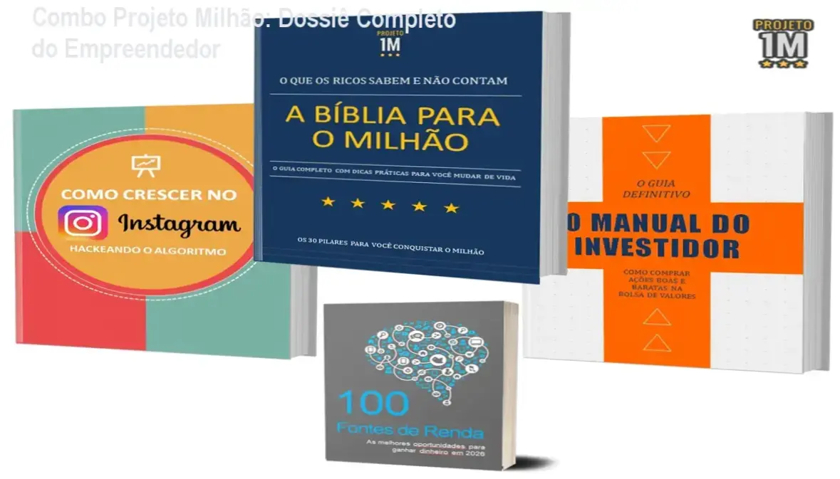 Mockup digital do Combo Projeto Milhão apresentando os e-books de investimentos, marketing digital e fontes de renda.