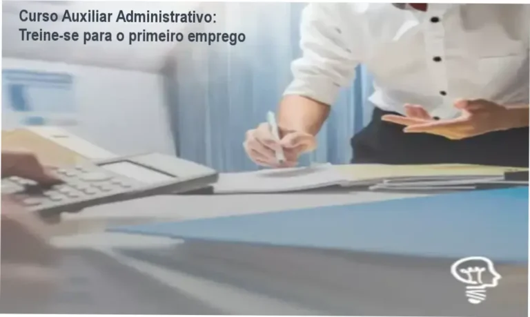 AzuFoto ilustrando o curso online de Auxiliar Administrativo com botões de login e tela de aulas
