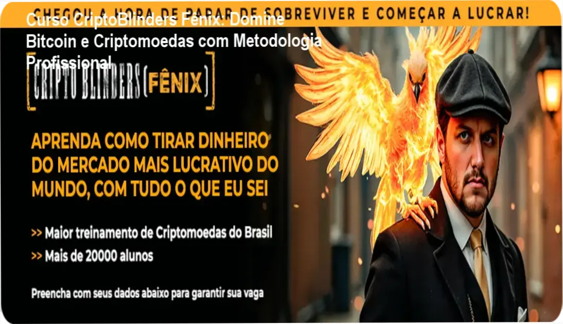 Capa do curso CriptoBlinders Fênix, desenvolvido por Augusto Backes, mostrando gráficos de análise técnica de criptomoedas.