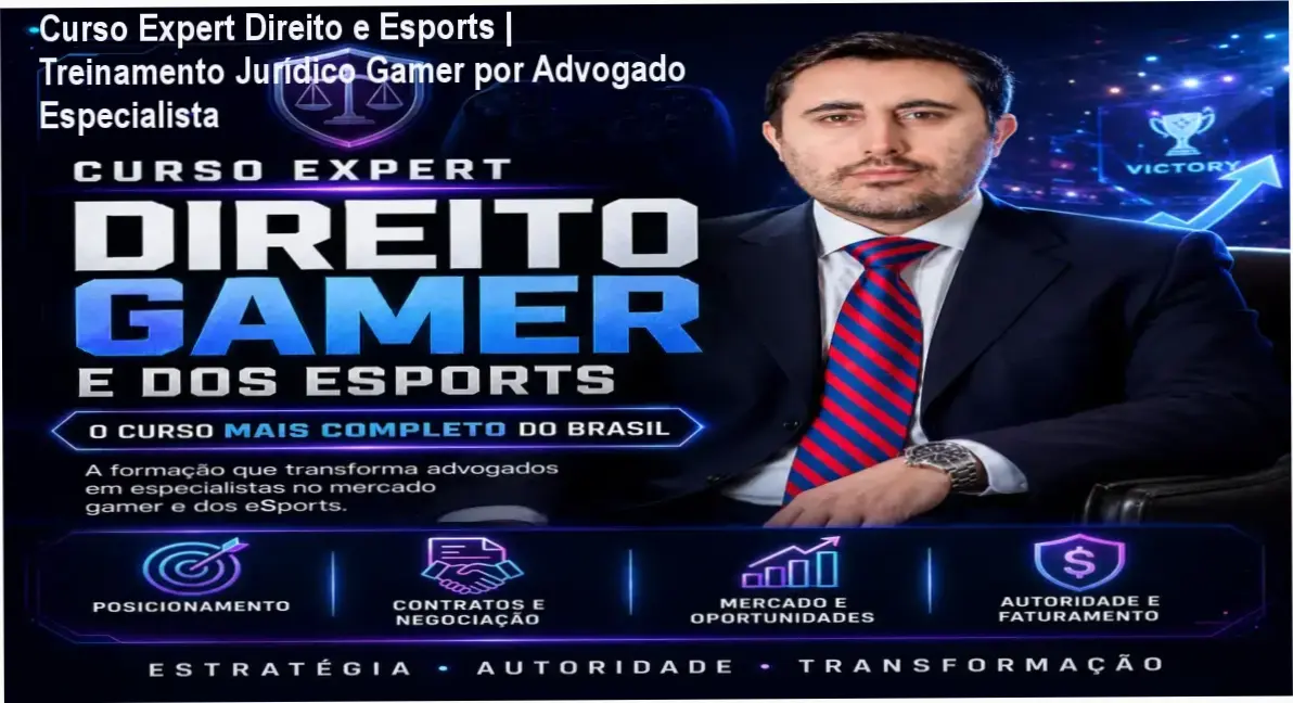 Capa digital do Curso Expert Direito e Esports com destaque para 60 modelos de contratos prontos e e-book complementar