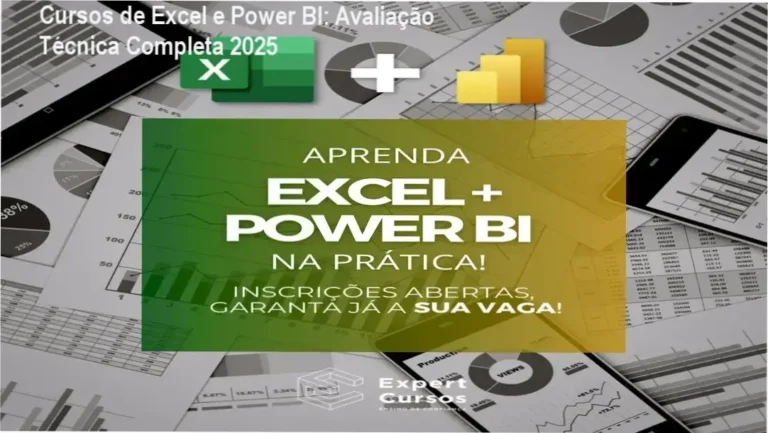 Capa do ebook Cursos de Excel e Power BI mostrando tela do Power BI e planilha Excel