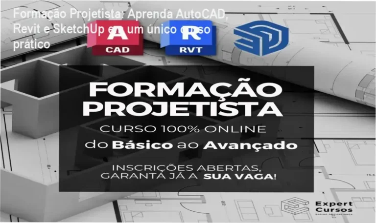 Captura de tela do curso mostrando interface de projetos 3D e modelos arquitetônicos