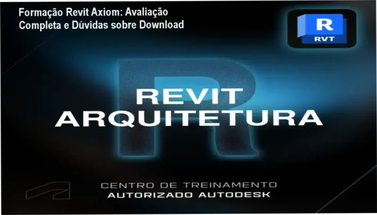 Captura de tela da interface da formação Revit Axiom com módulos de modelagem 3D e dashboards técnicos.