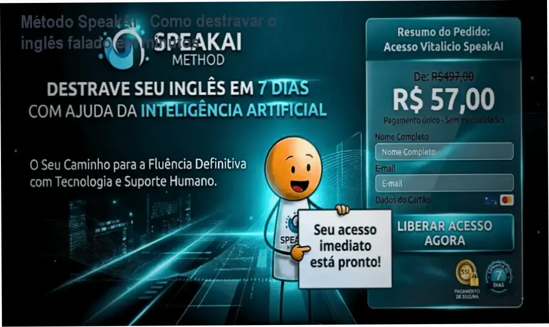 Recorte visual do título da tela do curso Método SpeakAI - Inglês Fácil, mostrando interface intuitiva e frases práticas.