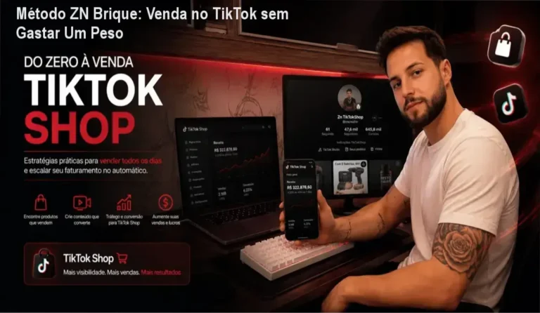 Gráfico com passos para configurar perfil, criar conteúdo viral e converter vendas no TikTok usando o Método ZN Brique.