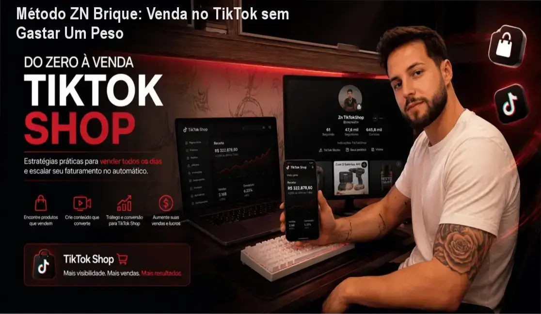 Gráfico com passos para configurar perfil, criar conteúdo viral e converter vendas no TikTok usando o Método ZN Brique.