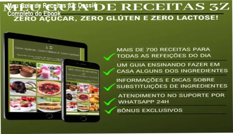 Captura de tela mostrando o ebook Meu Guia de Receitas 3Z com diversas opções de pratos sem glúten, lactose e açúcar