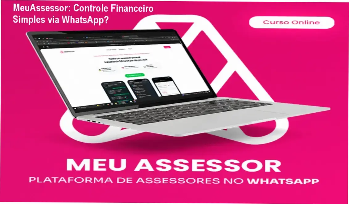 Tela do aplicativo MeuAssessor mostrando interface de controle financeiro com gráficos e comandos de voz no WhatsApp