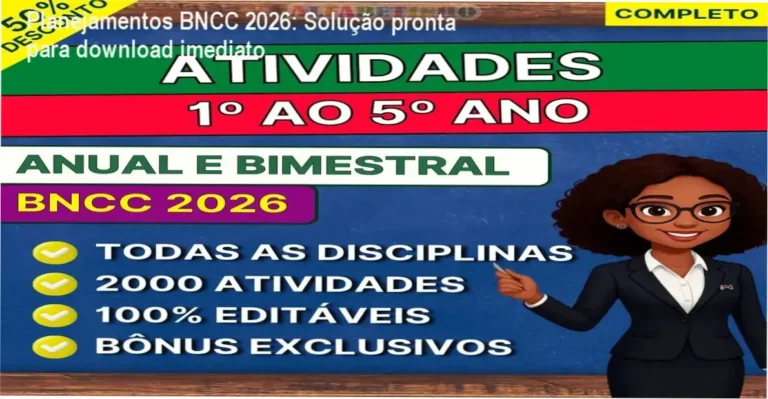 Captura da tela do software Planos BNCC 2026 com interface de download e exemplos de planos editáveis em Word
