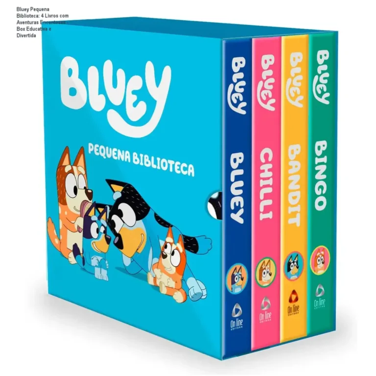Box com 4 livros ilustrados da Bluey incluindo aventuras educativas e momentos em família