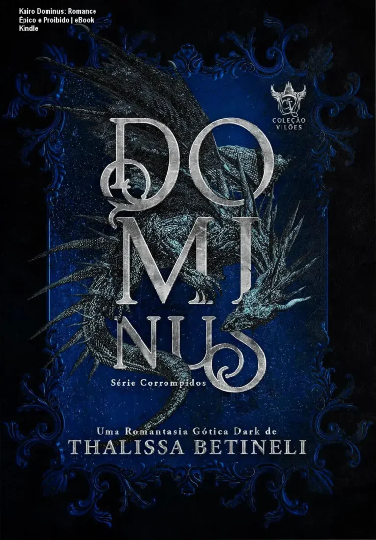 Capa ilustrada do eBook 'Dominus' por Thalissa Betineli, mostrando um deus misterioso com dragões no fundo, simbolizando o romance sombrio e épico dentro da história.