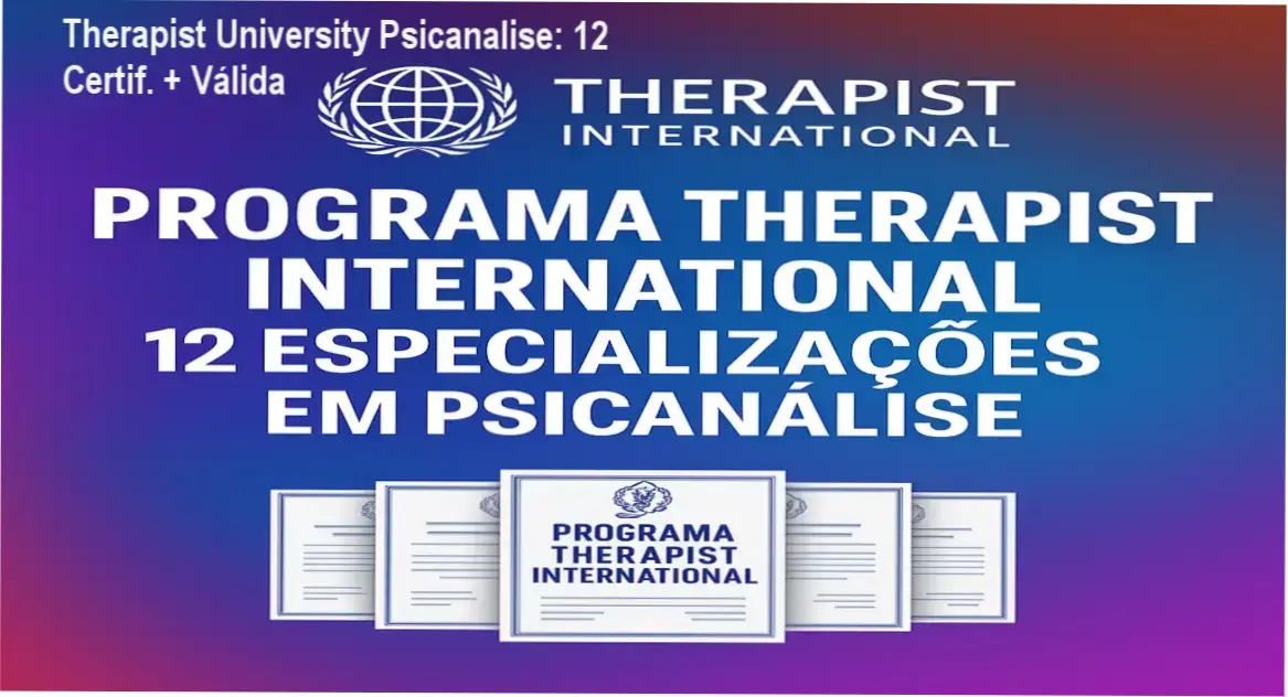 Capa do curso Therapist University destacando 12 certificacoes em Psicanalise e acesso vitalicio.