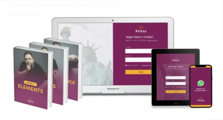 Interface da plataforma Beway Idiomas de Jonas destacando o método de memorização e conversação para fluência rápida.