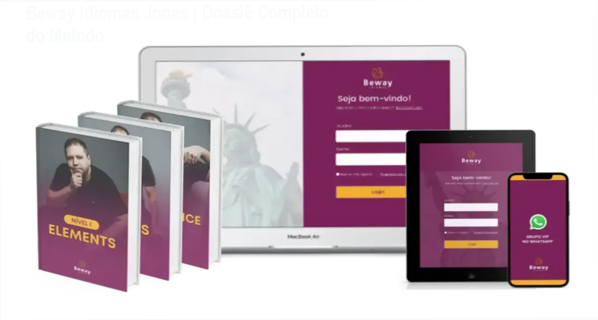 Interface da plataforma Beway Idiomas de Jonas destacando o método de memorização e conversação para fluência rápida.