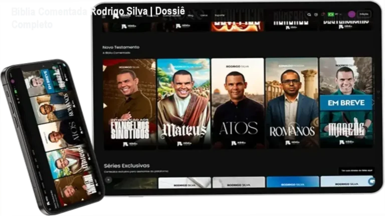 Interface do aplicativo da Bíblia Comentada com o Prof. Rodrigo Silva apresentando ferramentas de IA e estudos arqueológicos
