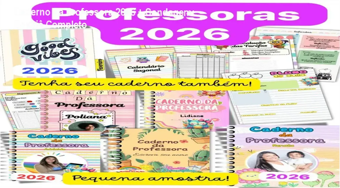 Visão geral do Caderno da Professora 2026 com ferramentas de sondagem diagnóstica e planejamento escolar