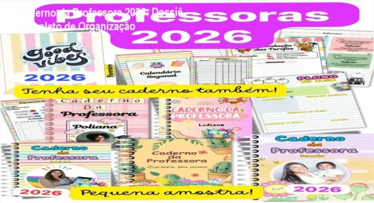 Visão geral do Caderno da Professora 2026 com ferramentas de sondagem diagnóstica e planejamento escolar