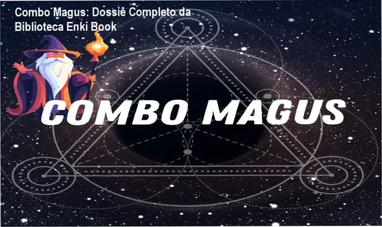 Representação digital de uma biblioteca mística com livros sobre ocultismo e geometria sagrada representando o Combo Magus da Enki Book