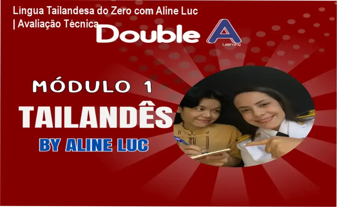 Interface de aprendizado do curso de língua tailandesa da Aline Luc com materiais didáticos e elementos da cultura tailandesa