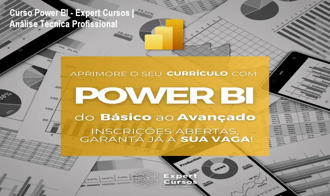 Screenshot do curso Power BI Expert mostrando dashboards profissionais e interface prática