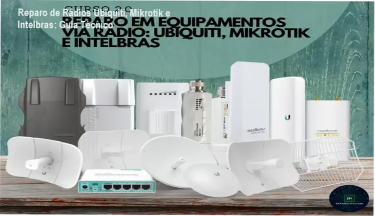 Técnico realizando manutenção de equipamentos de rádio Ubiquiti e Mikrotik em bancada de eletrônica