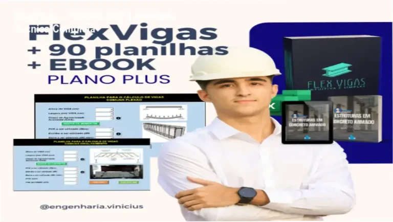 Interface da planilha FlexVigas e ebook de concreto armado para dimensionamento estrutural