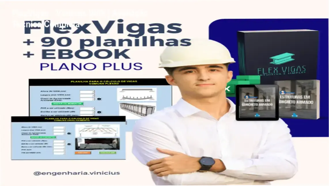Interface da planilha FlexVigas e ebook de concreto armado para dimensionamento estrutural