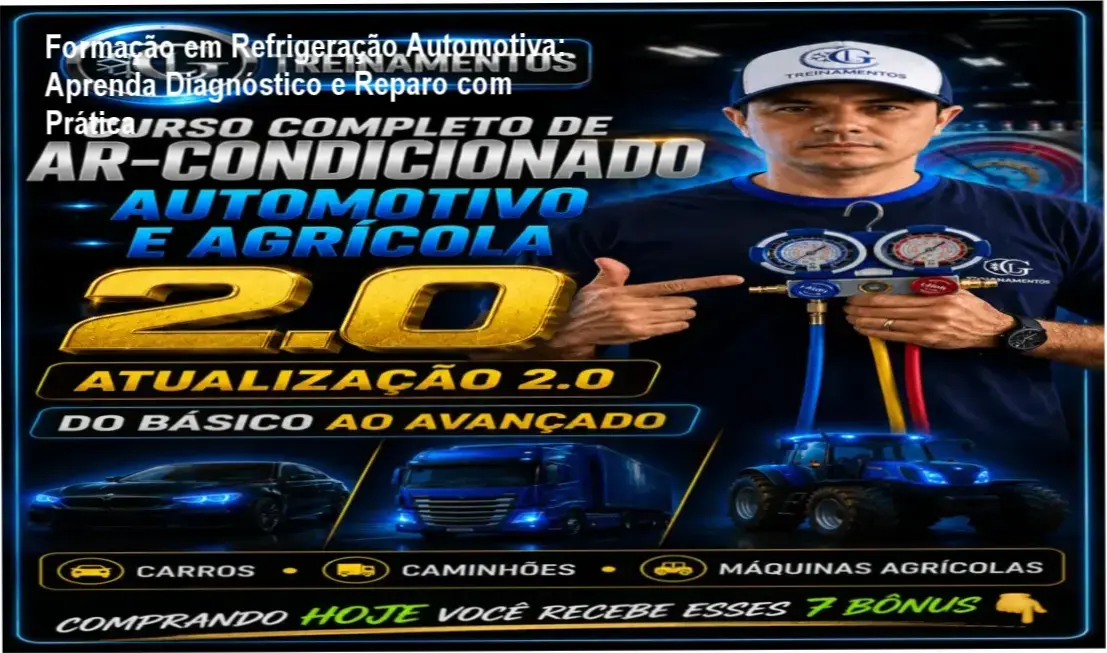 Capa do curso online de Ar Condicionado Automotivo com destaque para o certificado de 100 horas e o logo GL Treinamentos