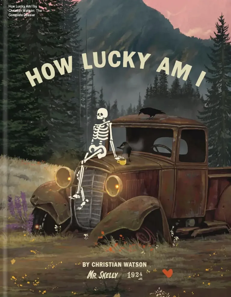 Cover of How Lucky Am I by Christian Watson featuring the character Mr Skelly in a lush landscape