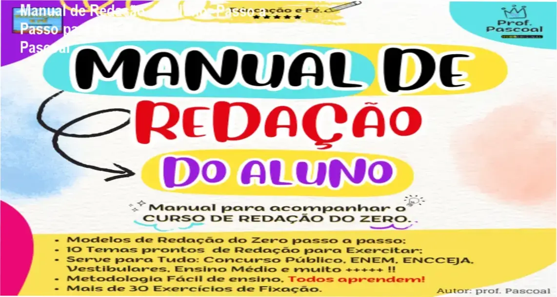 Capa digital contendo o título 'Manual de Redação do Aluno' e o nome do autor 'Prof. Pascoal', com destaque para o formato ebook.