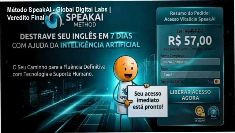 Interface do curso Método SpeakAI Inglês Fácil com guia de pronúncia simplificada