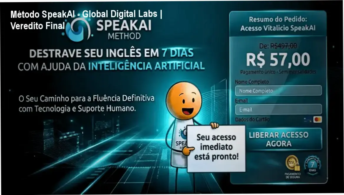 Interface do curso Método SpeakAI Inglês Fácil com guia de pronúncia simplificada