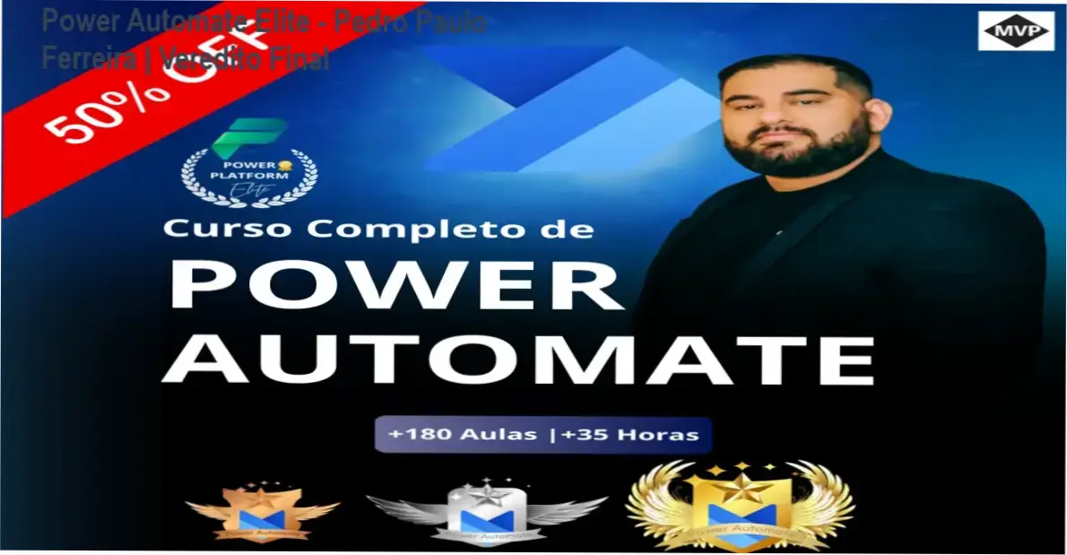 Interface do curso Power Automate Elite mostrando módulos de Power Automate Desktop, AI Builder e Conectores Personalizados