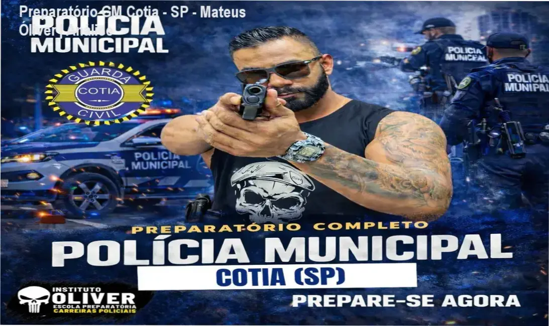 Capa do curso preparatório para Guarda Municipal de Cotia do Instituto Óliver com destaque para videoaulas e material de apoio