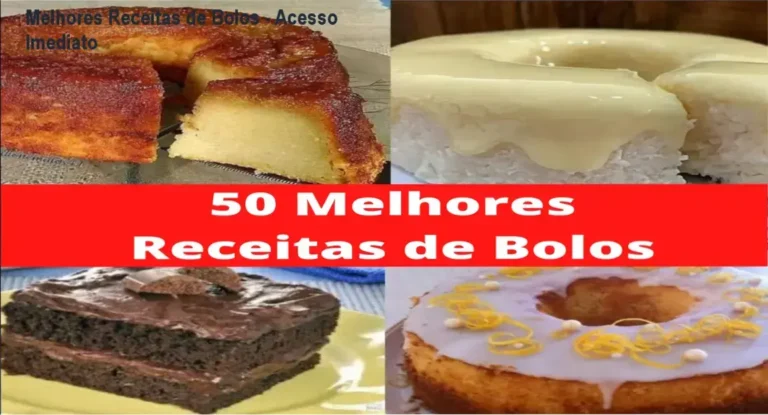 Apresentação do ebook 'Melhores Receitas de Bolos' com destaque para 50 receitas e bônus de sobremesas.